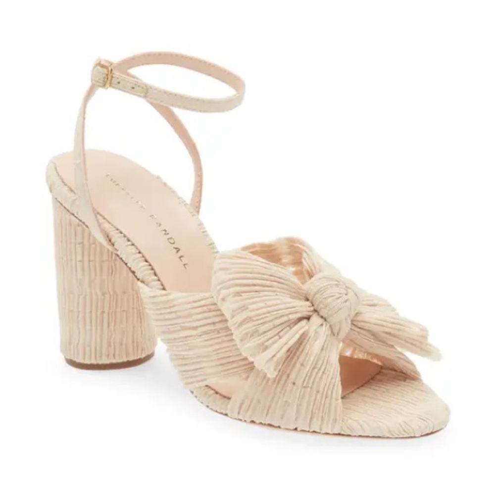 LOEFFLER RANDALL
Camellia Pleated Knot Heeled Sandal in Cream Plaid